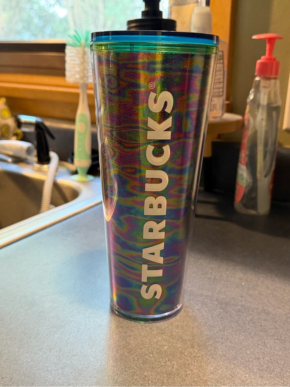 Starbucks Holographic Iridescent Tumbler with Teal Rim